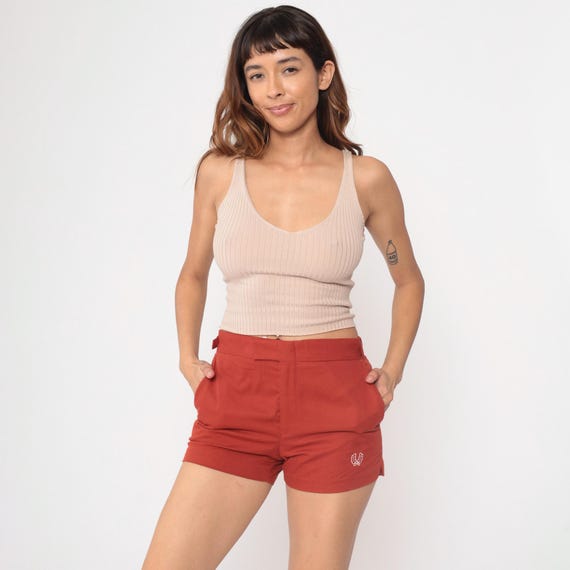 Rust Colored Shorts 80s Fred Perry High Waisted Tab Waist Cotton Blend Terracotta Red Orange Vintage 1980s Hot Pants Small 28