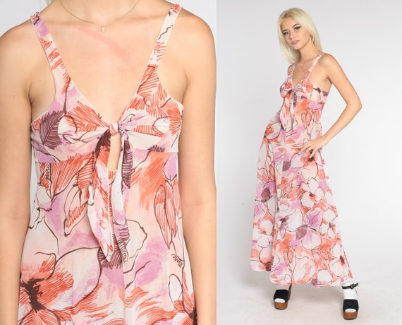 Floral Sundress 70s Maxi Dress Tie Front Sleevele… - image 1