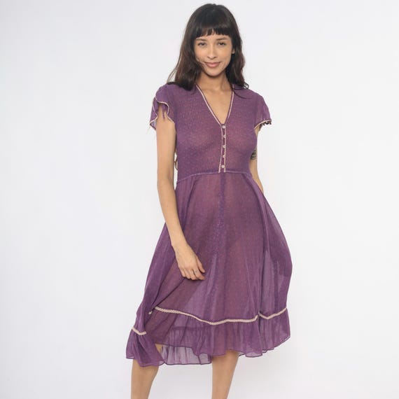 70s Prairie Dress Purple Sheer Cottagecore Short Sleeve Ruffle Hem Lavender Skirt Fairycore Summer Spring Sundress Vintage Small Medium S M