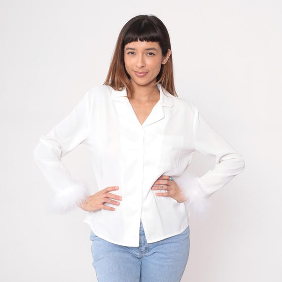 Feather Trim Top 90s White Shirt Collar Blouse Vintage Classic Style Holiday Party Christmas Alt Girly Grunge Night Out Clubbing Medium M