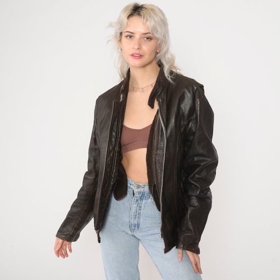 Dark Brown Leather Jacket 70s Zip Up Moto Jacket Retro Seventies Coat Sleek Simple Basic Fall Removable Lining Plain Vintage 1970s Small S