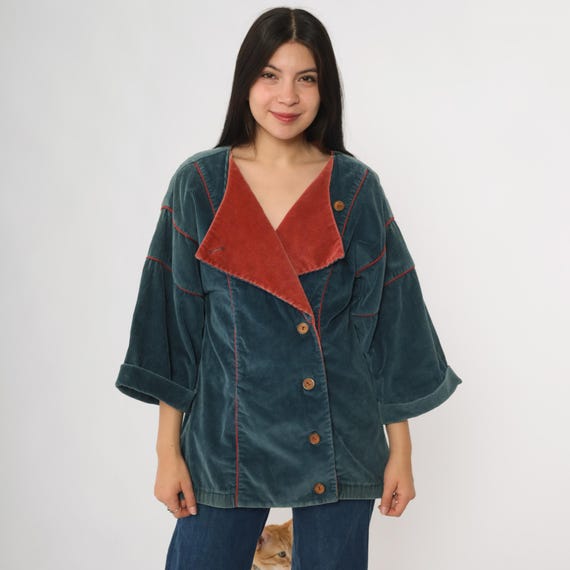70s Corduroy Jacket Blue Teal Red Contrast Collar Oversized Slouchy Button Front Wide Sleeve Casual Retro Mod Coat Vintage Winter Large L