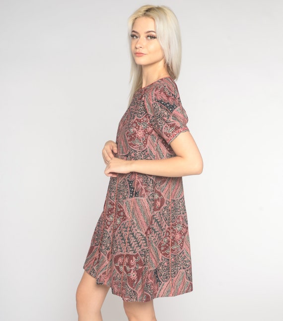Batik Floral Dress 90s Puff Sleeve Mini Dress Boh… - image 5