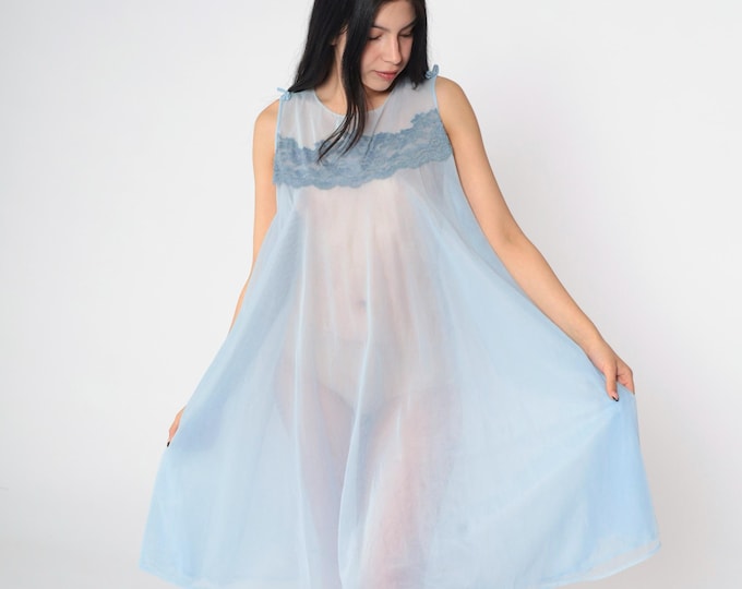 Vintage des années 60 bleu nuisette chemise de nuit pastel nylon