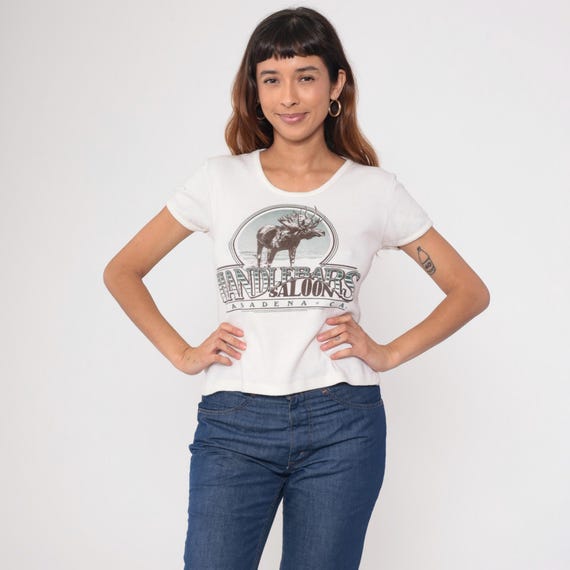 80s Moose Tshirt Handlebar Saloon Pasadena California Cropped Top White Cream Crew Neck Short Sleeve Vintage Novelty Souvenir Bar Large L