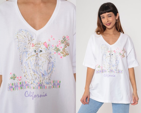 90s Cat Shirt California Persian Kitten T Shirt Gold Glitter Paint Shirt 1990s Graphic T Shirt V Neck Tee Animal Vintage Extra Large xl