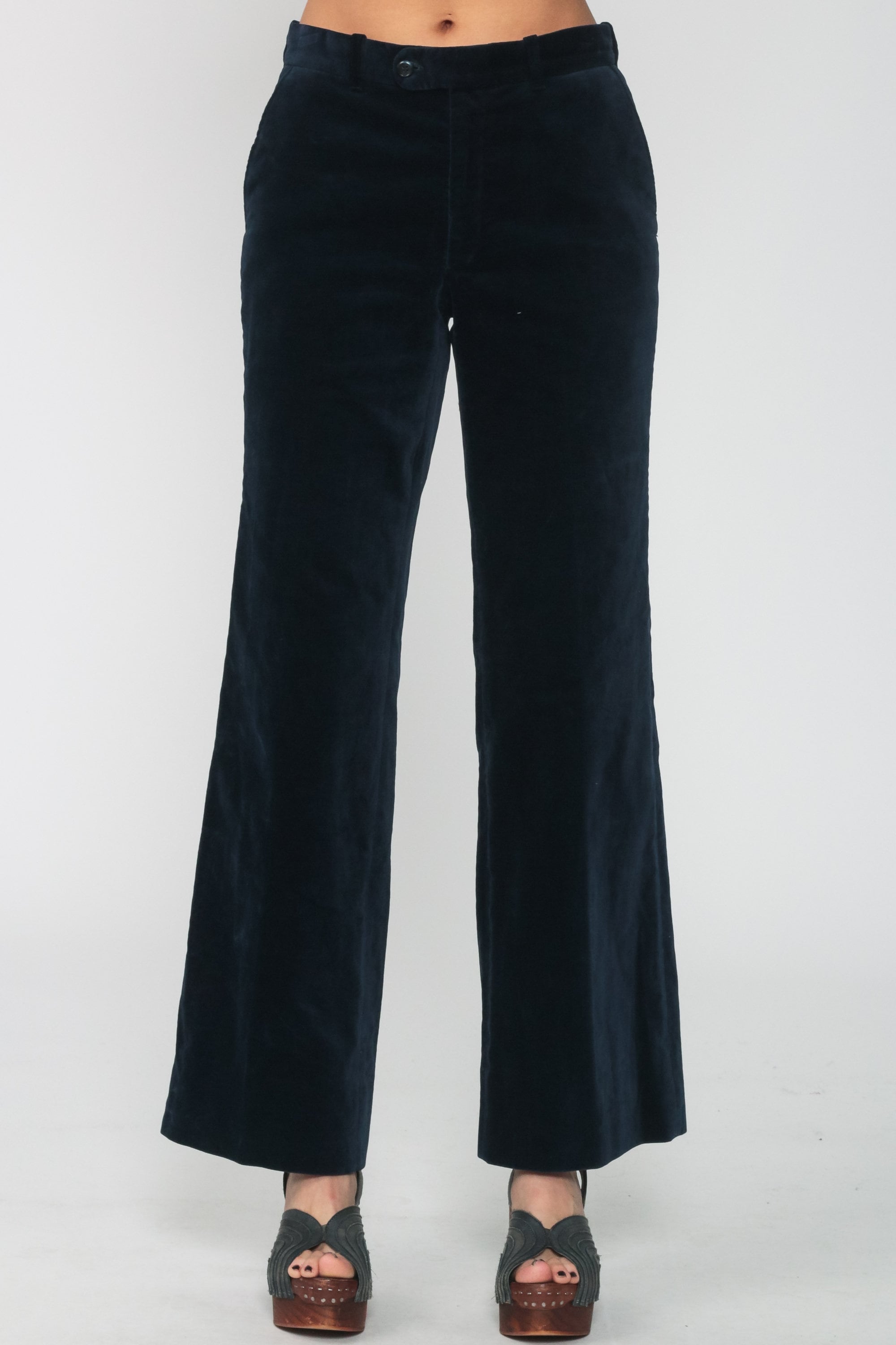 70s Velvet Pants 70s Flared Mid Rise Trouser Bell Bottoms Hippie Blue