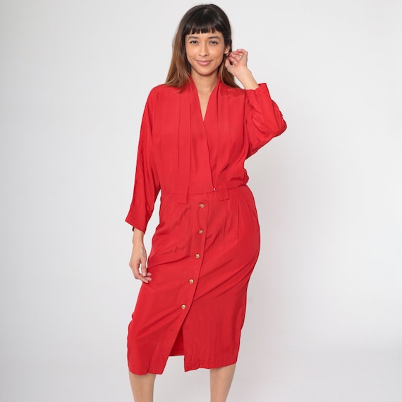 Red Button Up Dress Dolman Sleeve Midi Dress 90s Shirtdress Plain Vintage 1990s Long Sleeve V Neck Pleated High Waist Secretary Small 6