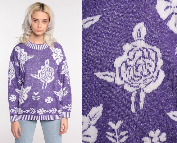 Metallic Floral Sweater 80s Sparkle Print Glitter Acrylic Flower Print Purple Long Sleeve Pullover Knit Slouch Large