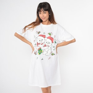 Christmas Teddy Bear Pajama Dress Vintage Nightgown 90s Graphic Nightie Retro Tshirt Dress White Kawaii Mini Small Medium Large OS