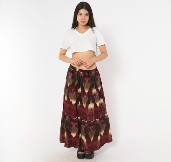 Southwestern Maxi Skirt 90s Aztec Print Cotton Prairie Burgundy Tribal Wine Purple Tan Earth Tone Hippie Bohemian Western Grunge Medium M