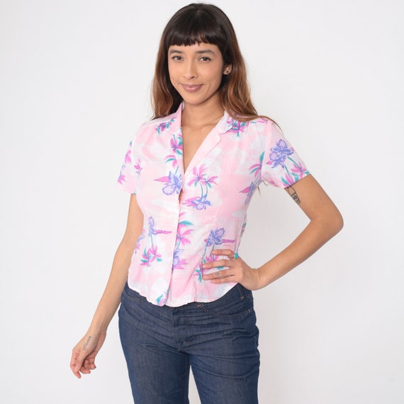 80s Tropical Blouse Baby Pink Hawaiian Shirt Palm Tree Floral Shirt Orchid SURFER Button Up Shirt 1980s Summer Top Beach Sea Small xs s