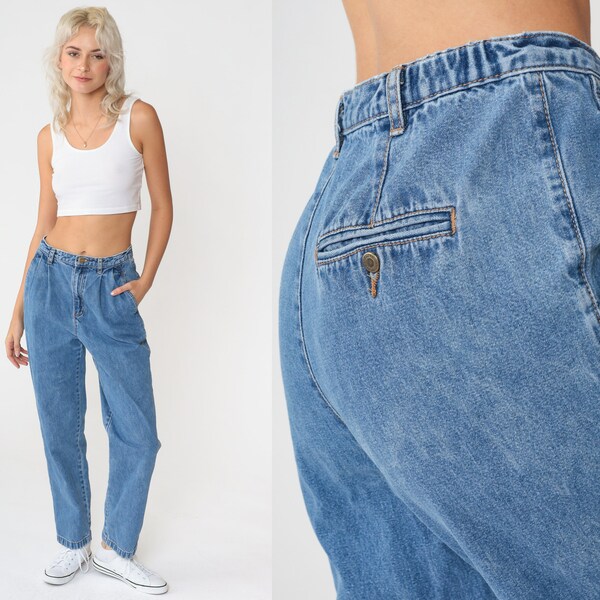 90s Pleated Jeans Mom Jeans Liz Claiborne High Elastic Waisted Denim Pants Tapered Relaxed Retro Basic Plain Vintage 1990s Small 4 Regular