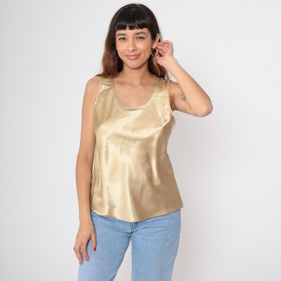 Shiny Gold Tank Top 90s Satin Cami Retro Boho Sleeveless Shirt Plain Simple Romantic Minimalist Basic Blouse Vintage 1990s Bohemian Large L