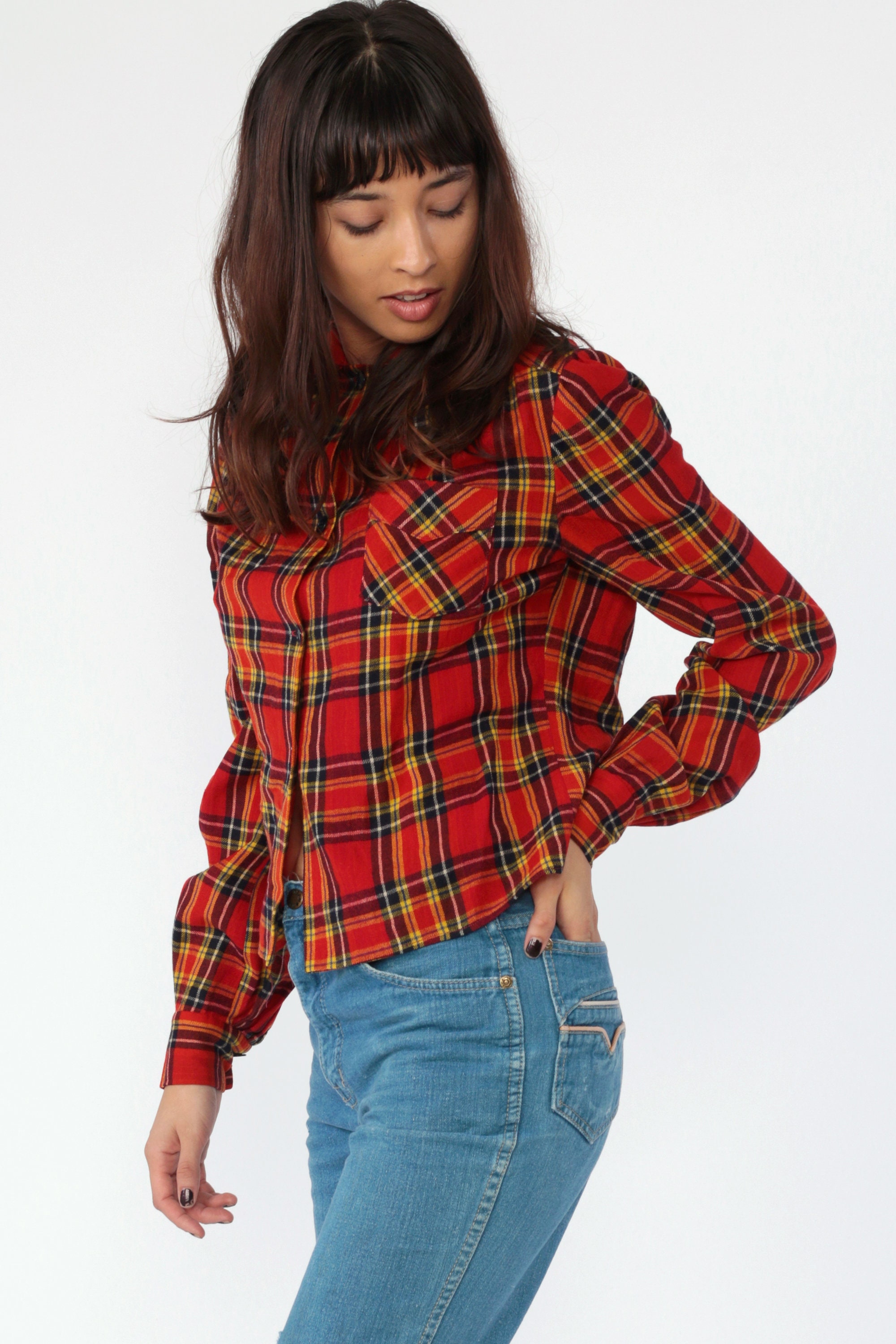 Wool Plaid Blouse 80s Red Flannel Shirt Lumberjack Button Up Long ...