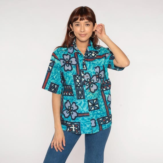 70s Hawaiian Shirt Blue Tropical Top Geometric Bohemian Shirt 1970s Hippie Short Sleeve Button Up Boho Retro Tiki Shirt Men's Medium M