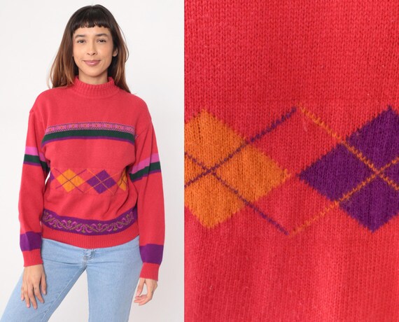 80s Argyle Sweater Coral Pink Purple Mock Turtleneck High Neck