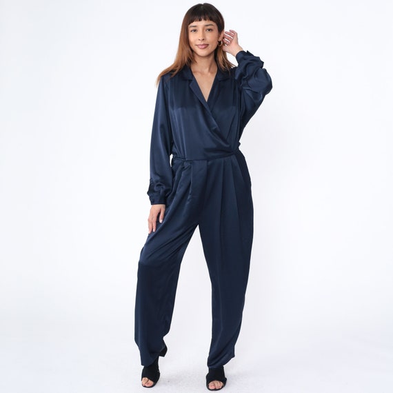 Navy Wrap Jumpsuit 90s Playsuit Blue Wide Leg Tapered High Waisted Romper Playsuit Pants 1990s Vintage Pantsuit V Neck Long Sleeve Medium
