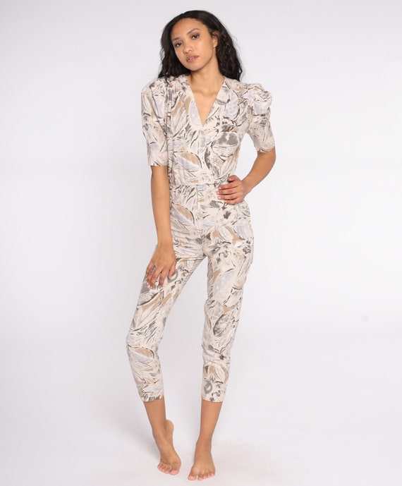 80s Tropical Jumpsuit Cotton Leaf Print Wrap Romper Pantsuit Tan Safari Jumpsuit Puff Sleeve Jumpsuit 1980s High Waist Extra Small xs