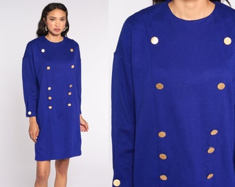 Royal Blue Button Up Dress 80s Mini Double Breasted Dress Secretary Long Sleeve 1980s Vintage Preppy Shift Boxy Oversized Small S