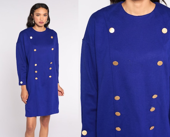 Royal Blue Button Up Dress 80s Mini Double Breasted Dress Secretary Long Sleeve 1980s Vintage Preppy Shift Boxy Oversized Small S