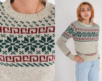 Nordic Snowflake Sweater 70s 80s Ski Sweater Cream Grey Geometric Fair Isle Sweater Boho Knit Acrylic Wool Pullover Vintage 1980s Small xs