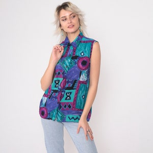 Geometric  Tank Top 90s Patchwork Button Up Shirt Purple Blue Sleeveless Shirt Rayon Blouse 1990s Vintage Collared Small S