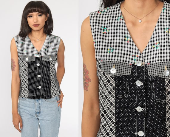 Black Checkered Tank Top 90s Plaid Blouse CROP TOP Checkered Shirt Button Up Vest 1990s Sleeveless Vintage Hipster Retro Medium