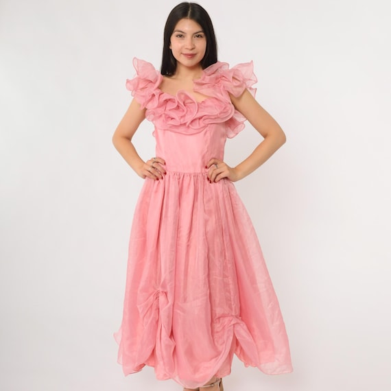 80s Pink Prom Dress Ruffle Princess Barbie Party Gown Puffy Skirt Sleeveless Sweetheart Neckline Tulle Evening Formal Extra Small XS