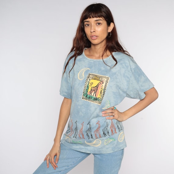Mosambique T Shirt 90s Blue Tie Dye Shirt Giraffe Shirt Stamp Print Paisley Africa Safari Jungle Tshirt Graphic Retro Tee Vintage Medium M