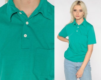 Green Polo Shirt 80s Button Up Short Sleeve Collared Shirt Retro Plain Tshirt Pocket Collar Preppy Vintage 1980s Nerd Geek Tee Plain Medium