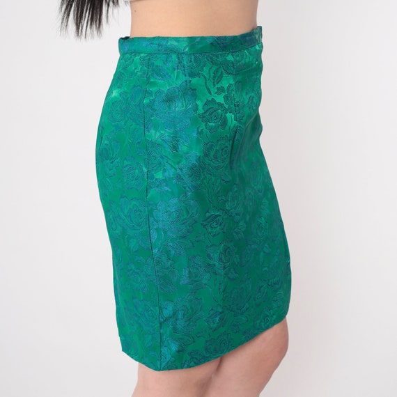 60s Floral Skirt Green Brocade Mini Skirt Blue Fo… - image 6