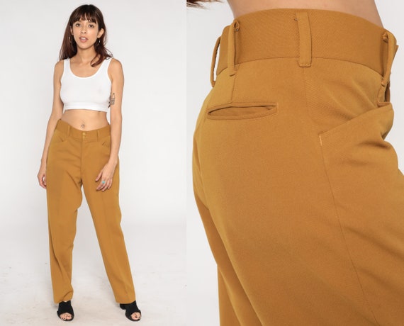 70s Brown Trousers Retro Straight Leg Pants High Rise Waist Seventies Creased Menswear Slacks Basic Plain Preppy Vintage 1970s Large 34 L