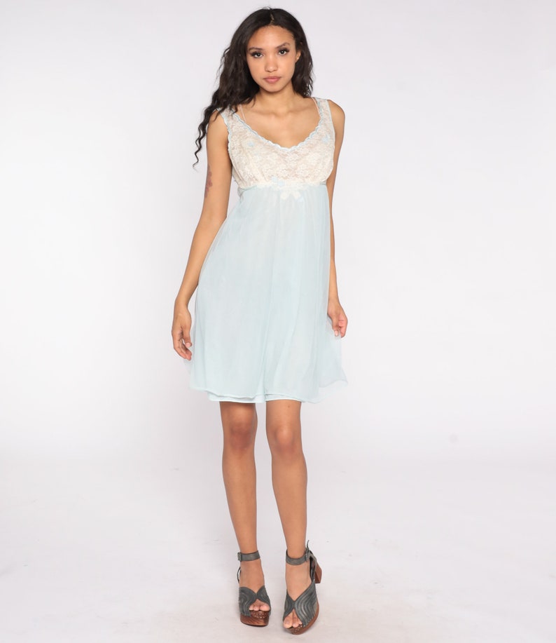 Lace Slip Dress 60s 70s Nightgown Lingerie Blue Mini Nightie Empire Waist Boho Vintage 1960s Pastel Sleeveless 1970s Intimates Medium M 36 image 2