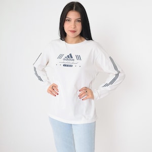 Y2K Adidas T Shirt White Long Sleeve TShirt Striped Shirt Athletic Shirt Sports Tee Streetwear Retro Vintage 00s Crewneck Medium