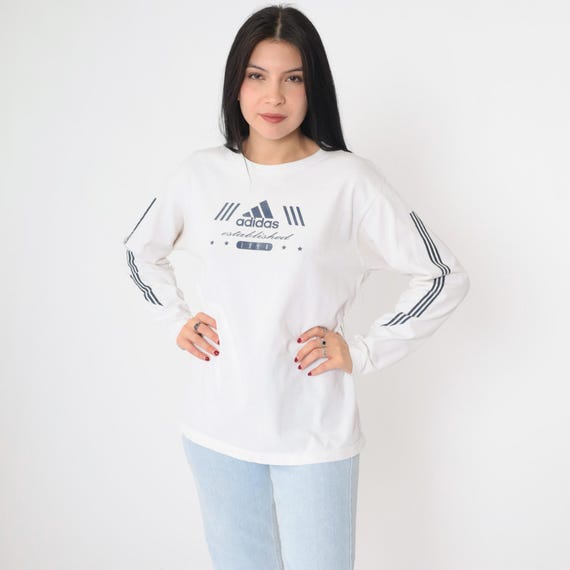 Y2K Adidas T Shirt White Long Sleeve TShirt Striped Shirt Athletic Shirt Sports Tee Streetwear Retro Vintage 00s Crewneck Medium
