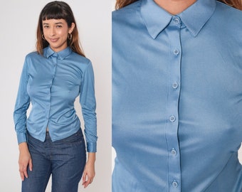 70s Blouse Blue Button Up Long Sleeve Top Retro Plain Disco Shirt Collared Seventies Basic Vintage 1970s Nylon Small 4