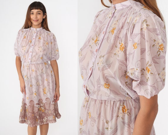 Sheer Floral Dress 70s Lavender Midi Bohemian Dress Button Up Vintage Boho Pastel 1970s High Waisted Yellow Short Puff Sleeve Romantic Small