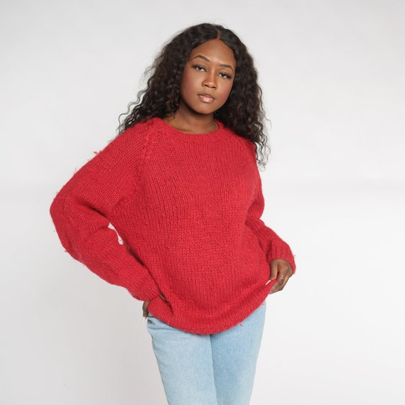 Red Sweater 90s Plain Knit Slouchy Pullover Mohair Blend - Etsy