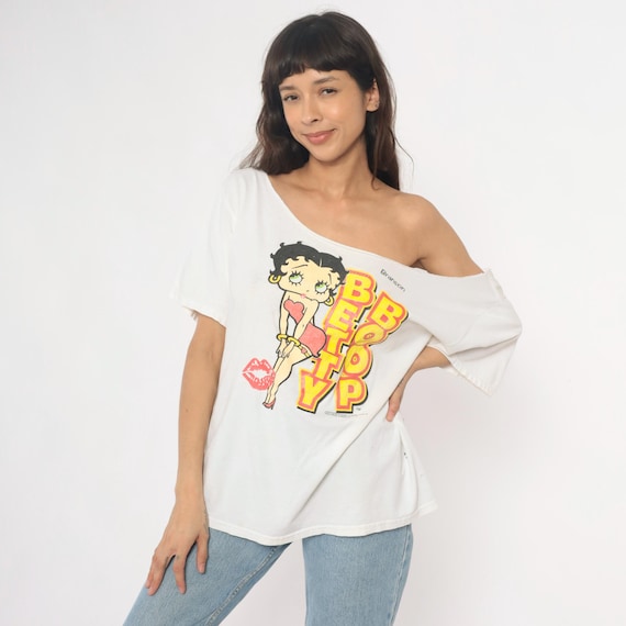 Betty Boop Y2K Graphic Tee White Cotton Off Shoulder Short Sleeve Distressed Character Licensed Cartoon Shirt Pop Culture Extra Large XL