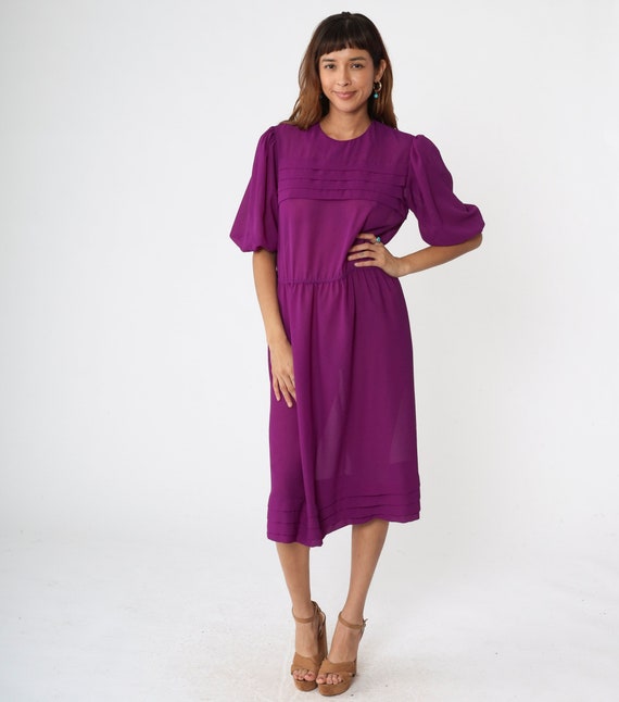 Sheer Purple Dress 80s Midi Dress Boho Blouson Dress Puff Sleeve Pleated See Through 1980s Bohemian High Waist Vintage Retro Medium Large
