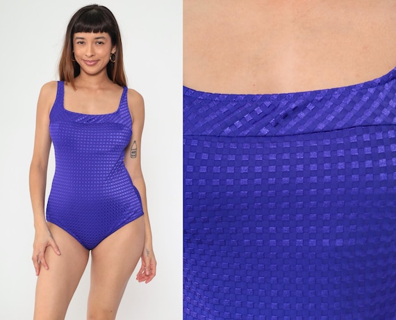Embossed Purple Bathing Suit 90s One Piece Swim Suit Shiny Checkered Swimsuit Low Scoop Back Vintage Retro It Figures! Extra Large xl 16