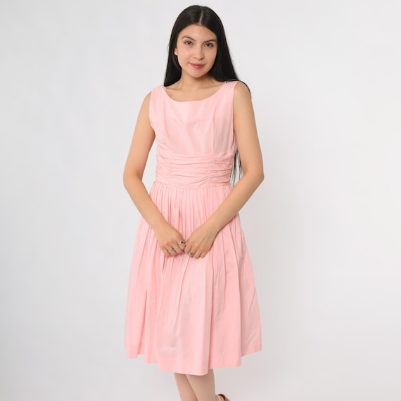 Pink Cocktail Dress 60s Garden Party Summer Wedding Guest Scoop Neck Ruched Waist Pleated Skirt Vintage Classic Extra Small XS