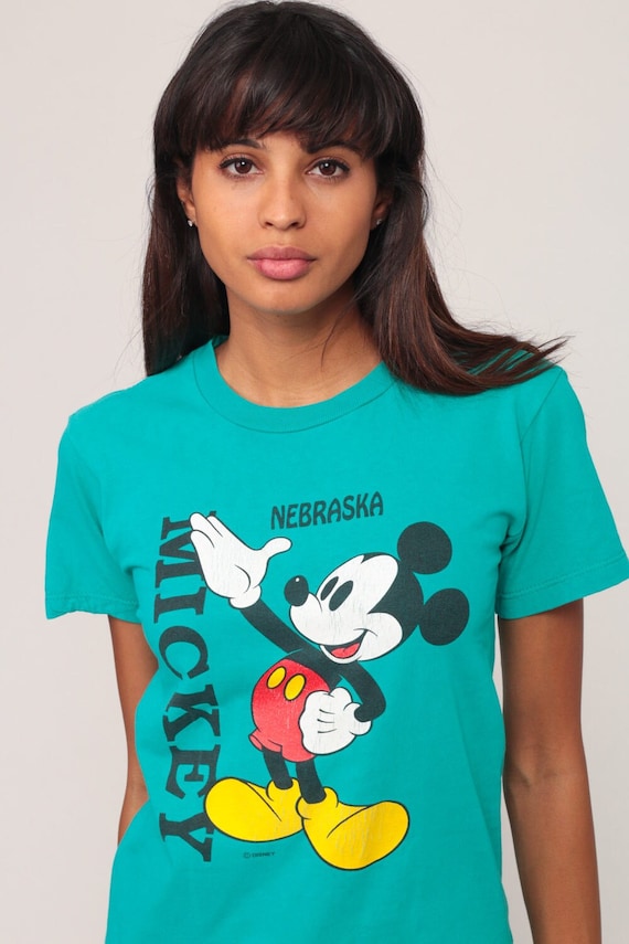 Mickey Mouse T Shirt Walt Disney Shirt NEBRASKA 90s Graphic Cartoon T Shirt Grey Vintage Retro Tee 1990s Turquoise Green Extra Small xs