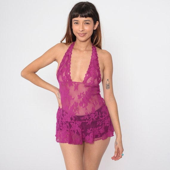 Lace Lingerie Top Y2K Sheer Purple Halter Neck Top Victoria's Secret Lace Camisole Lace Tank Low Cut Cami Sexy Empire Waist Vintage Medium