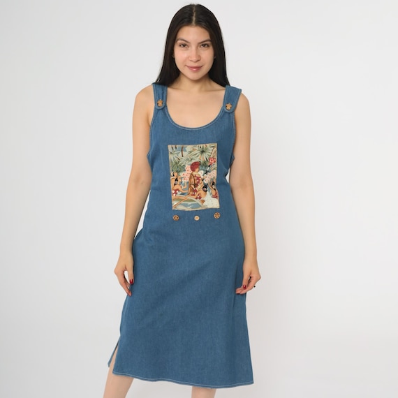 Vintage Hawaiian Denim Jumper Dress 90s Polynesian Tiki Print Island Scene Button Strap Midi 1990s Sleeveless Tropical Boho Medium Petite