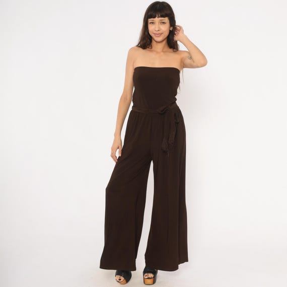 Chocolate Strapless Jumpsuit 2000s Wide Leg Palazzo Pants Tube Top Brown One Piece Disco Style Coffee Mocha Evening Romper Vintage Medium M
