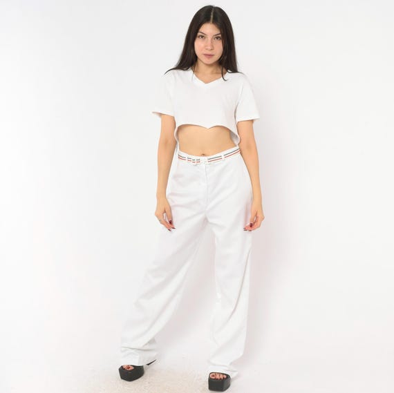 70s White Wide Leg Trousers Striped Belt Waistband Red Blue Cream High Rise Pants Ivory Straight Fit Slacks  Preppy Vintage Small S