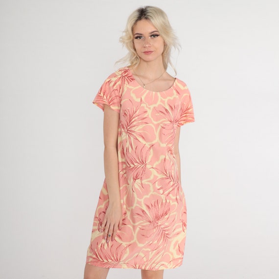 Tropical Floral Dress Y2K Mini Dress Pink Hawaiian Flower Print Dress Short Sleeve Shift 00s Vintage Retro Summer Botanical Day Small S