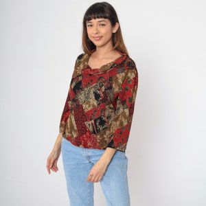 Blusa floral de patchwork Y2K, camisa de cuello vuelto, estampado de flores con pintura metalizada, manga larga, top retro de licra elástica, vintage, años 00, extra grande xl